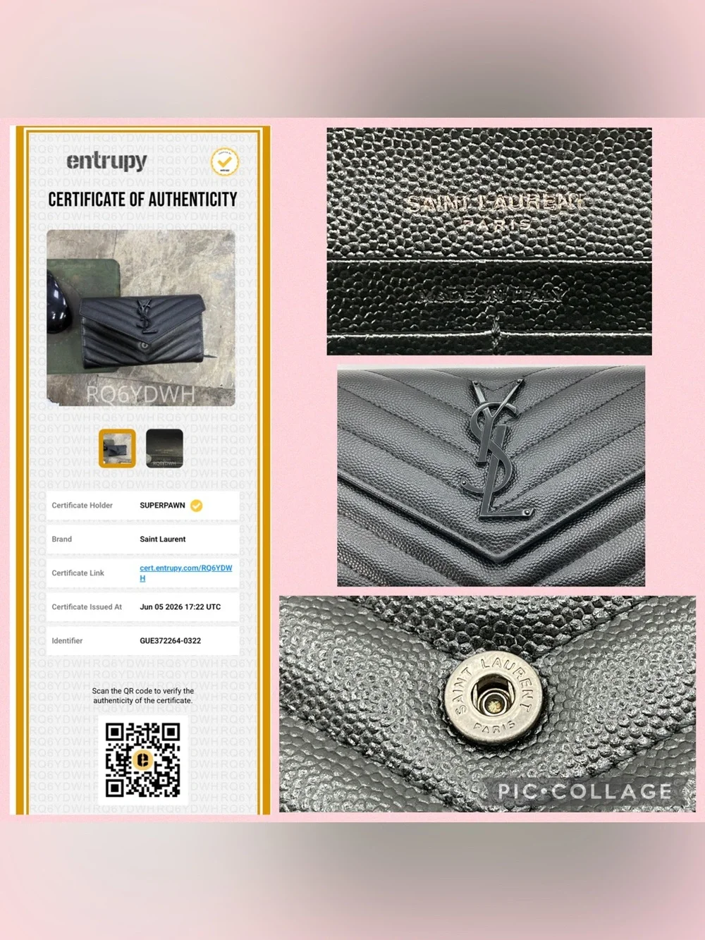 Saint Laurent YSL Cassandra Matrasse Black Quilted Chevron Envelope Wallet